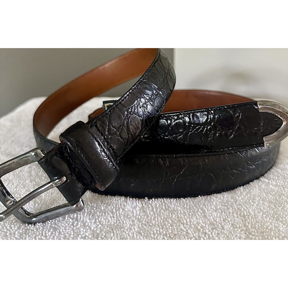 COLE HAAN LEATHER Crocodile Textured Black Belt Solid Brass Buckle ITALY 42